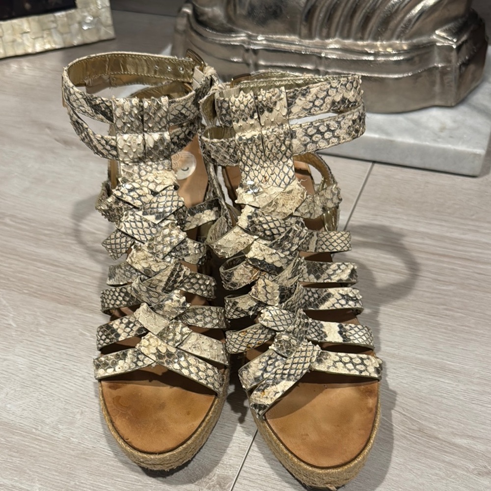 Belle by Sigerson Morrison Tan and Cream Strappy snake skin wedge sandals